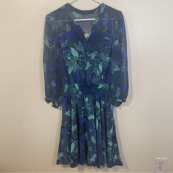 Rebecca Taylor Smocked Tahitian Flower 100% Silk Chiffon Dress Blue Floral Sz 4 - Picture 3 of 11